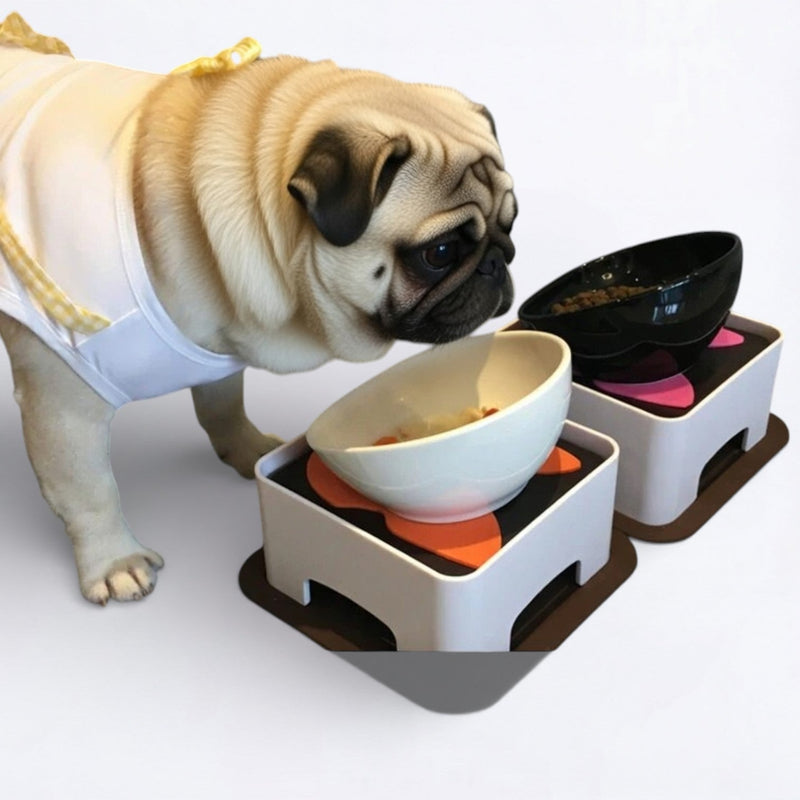 PawRise Pug Ceramic Bowl – Adjustable Elevated Anti-Slip Feeding Station